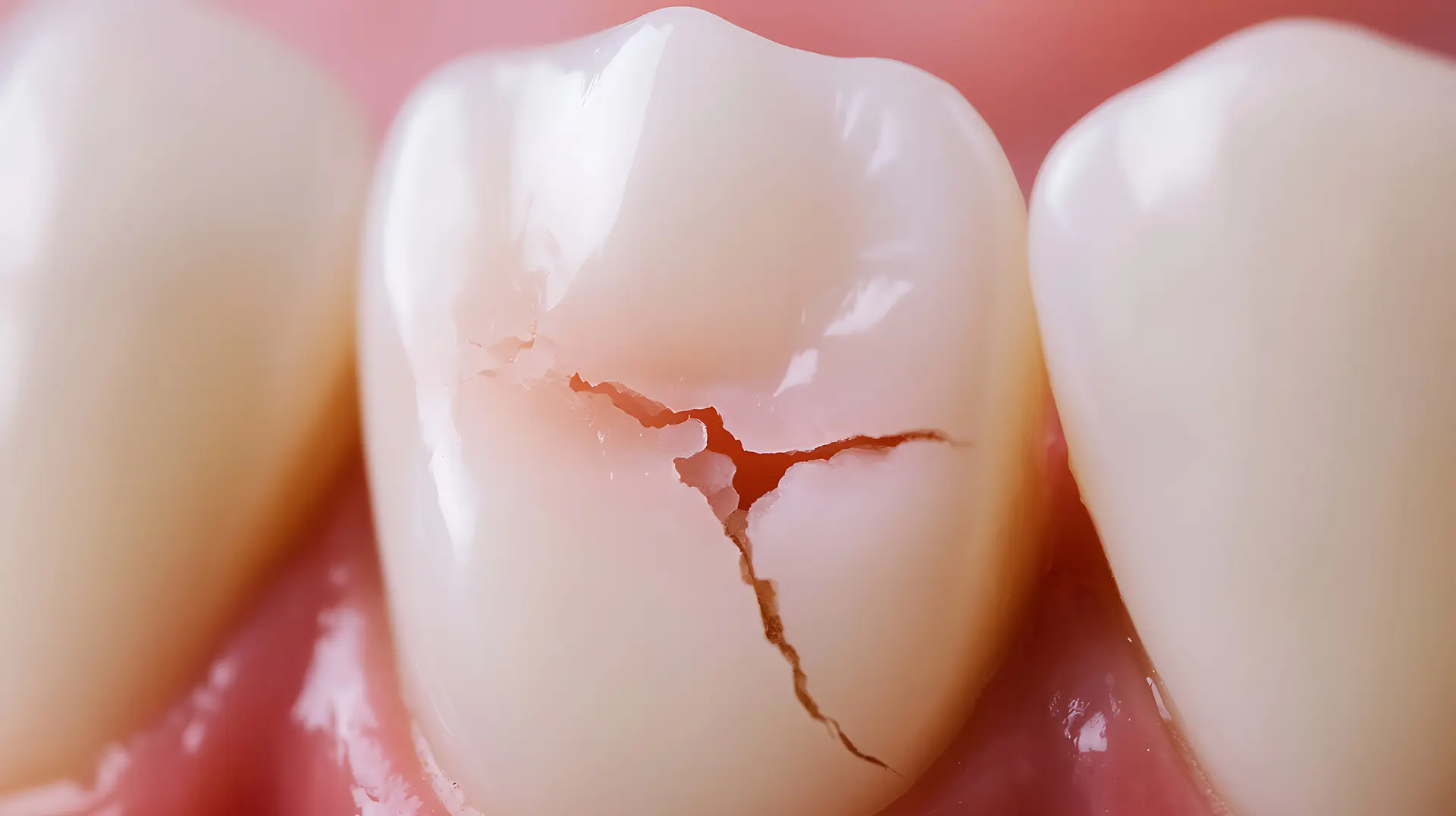 Close up of cracked tooth showing enamel fracture and internal damage