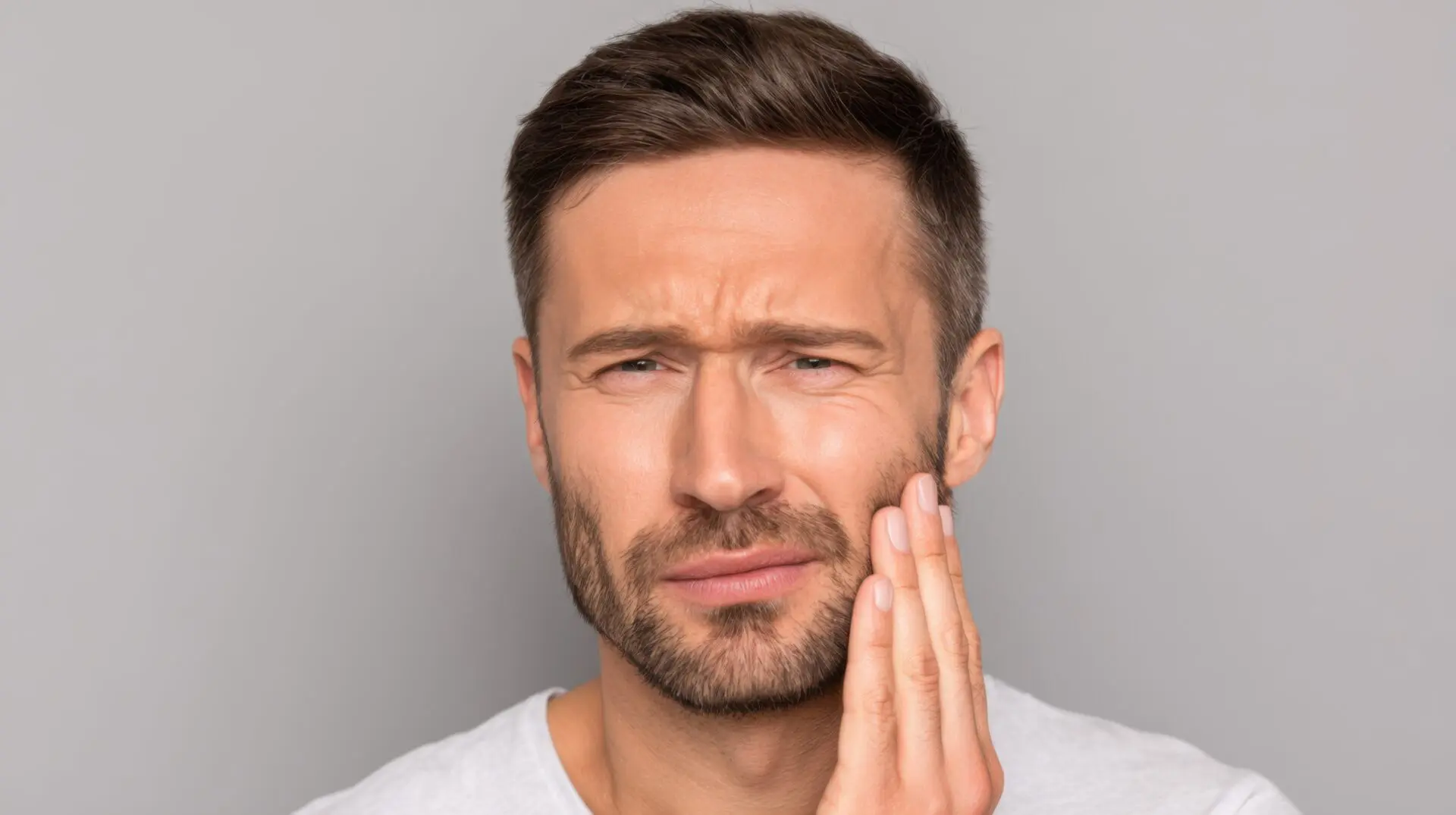 Man experiencing TMJ pain while holding his jaw in a neutral background setting