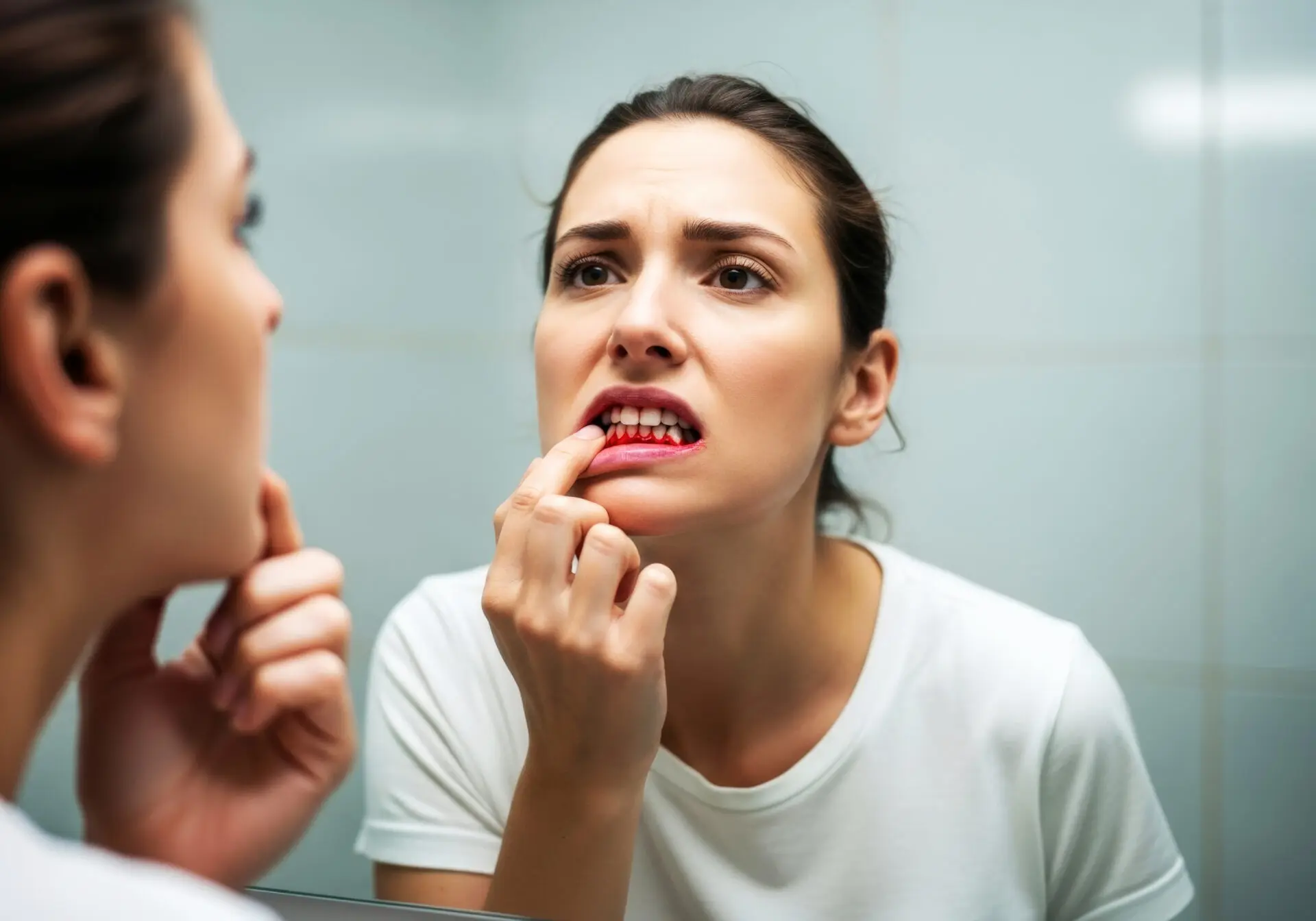 Woman checking her gums in the mirror for bleeding or inflammation