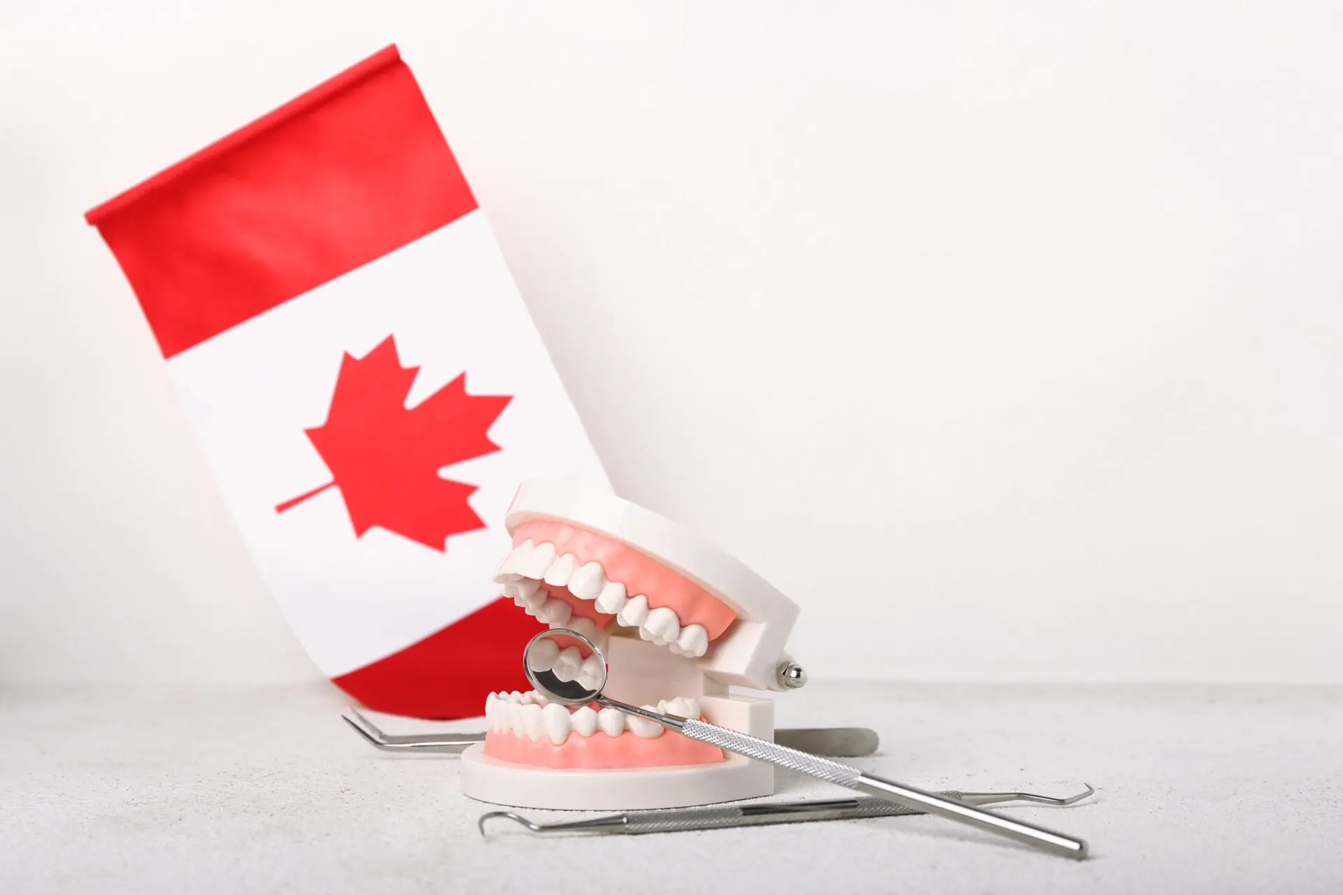 Cover image for the Canadian Dental care plan 2025 post, Jaw model with dental tools and flag of Canada on a white table