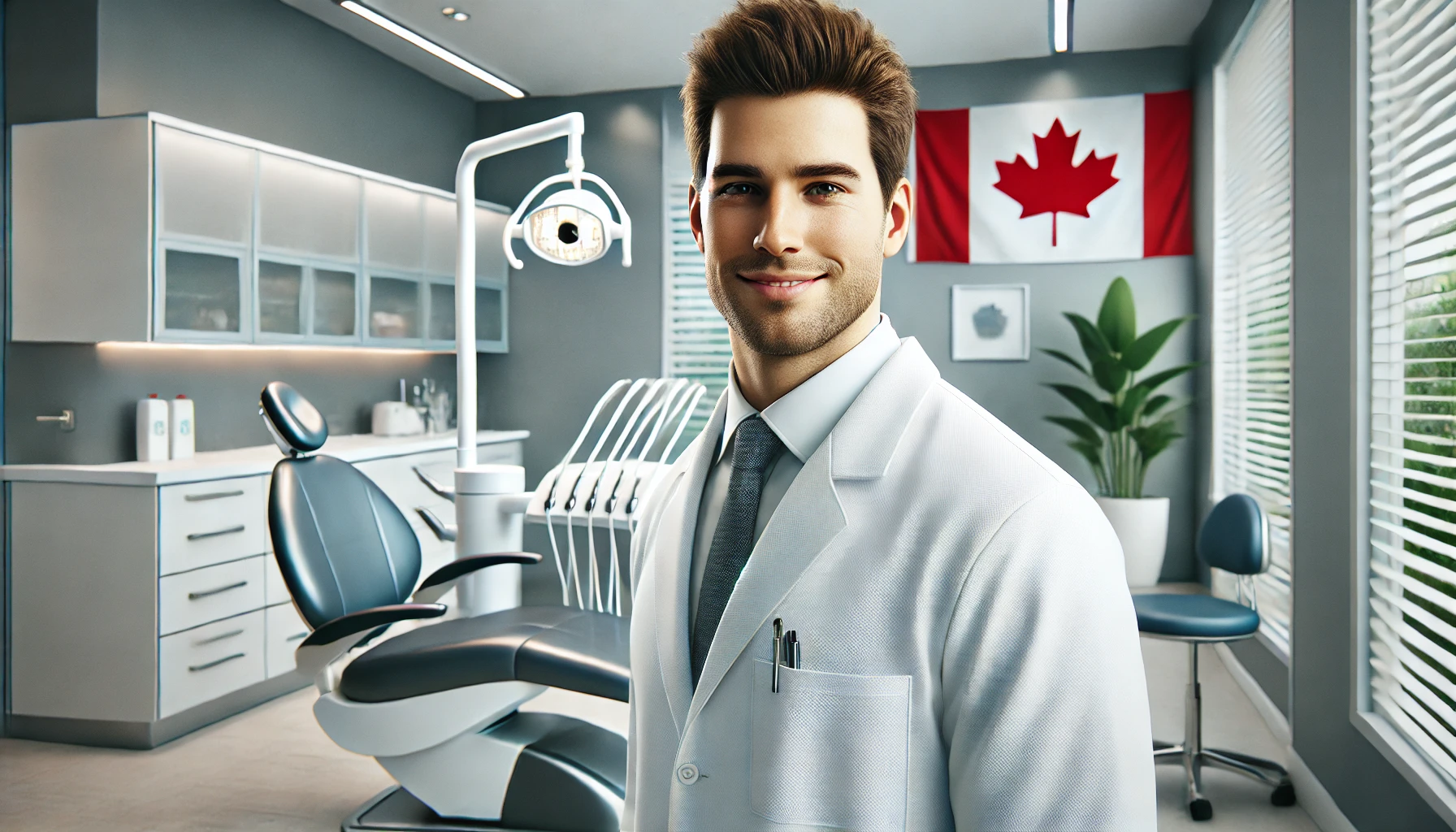 A dentist in a white coat smiling confidently while standing in a modern dental clinic. The background features a clean design with a dental chair and a prominently displayed Canadian flag, creating a professional and welcoming atmosphere.