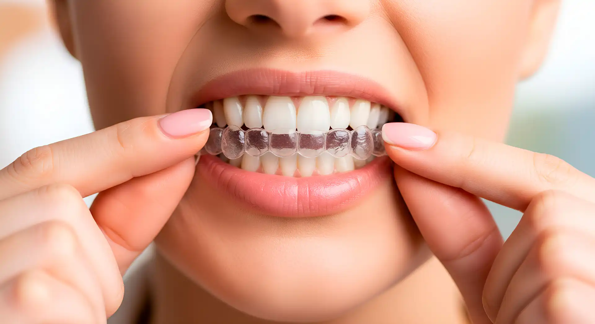 Patient placing clear Invisalign aligner over teeth