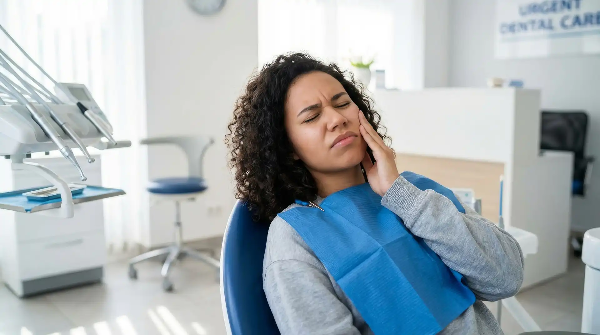 Woman holding her jaw in pain while seated in a dental chair at an urgent dental care clinic, representing dental emergency warning signs in Ottawa.