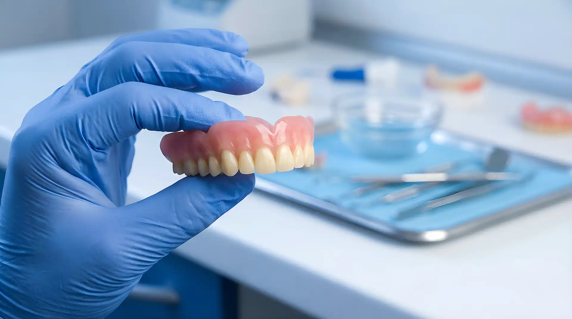 Dentist holding denture model during tooth replacement consultation