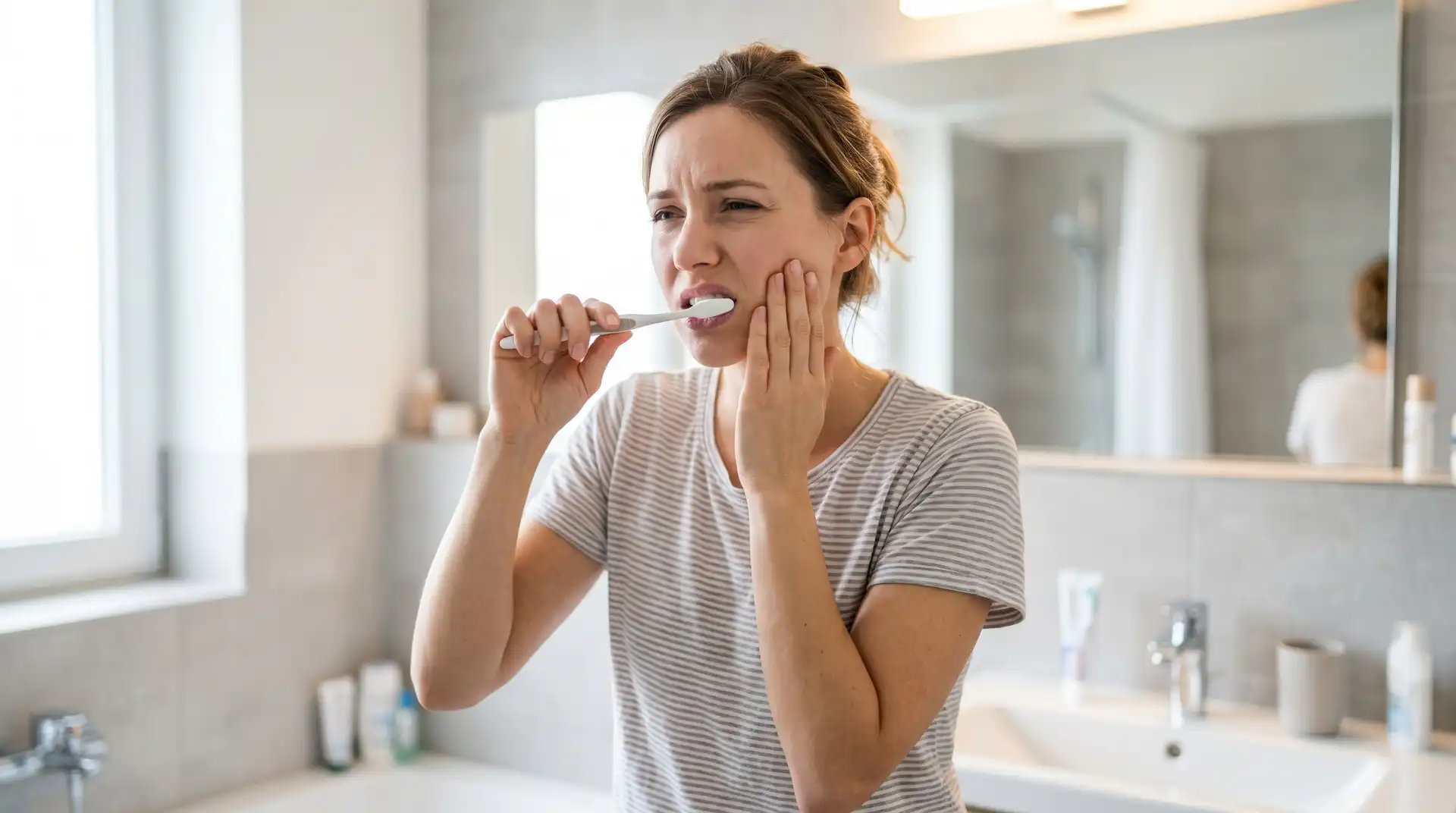Woman brushing her teeth while holding her jaw in discomfort