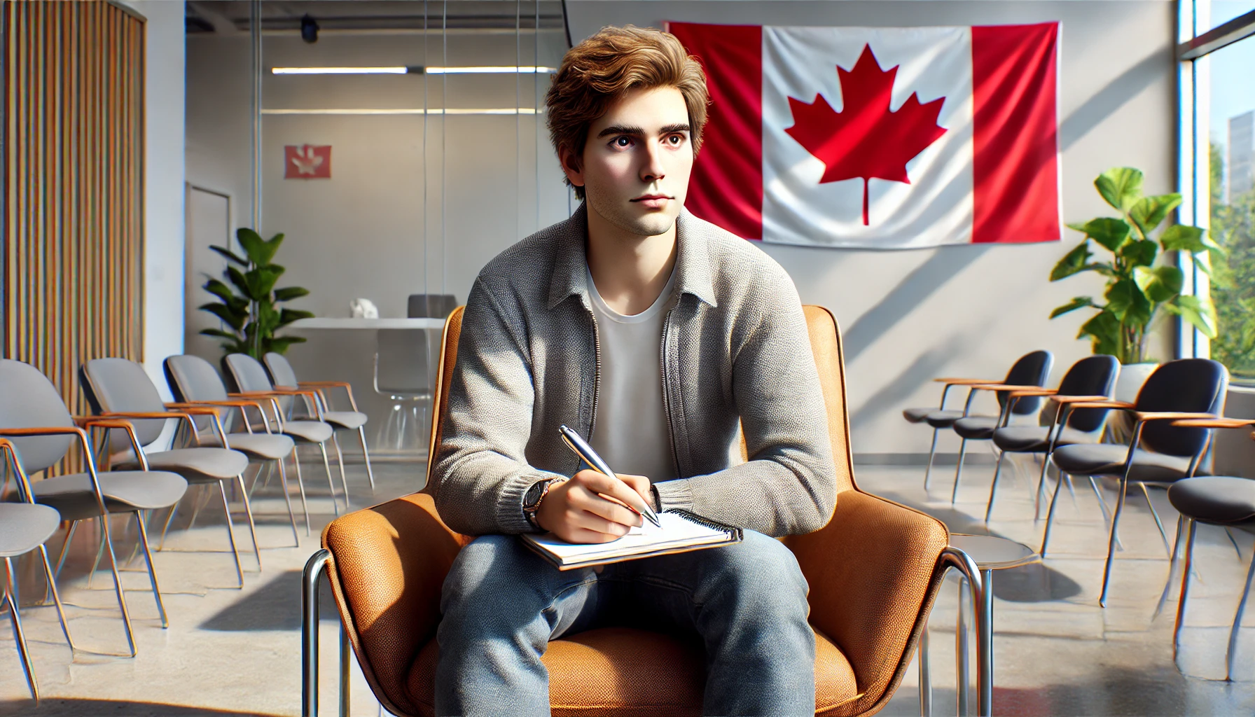 Image of a person sitting in a waiting room with a pen and pad in hand