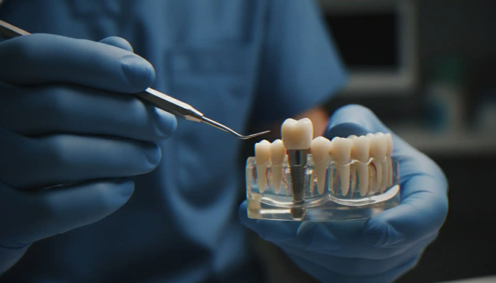 Hands holding a dental implant model showing the screw and crown