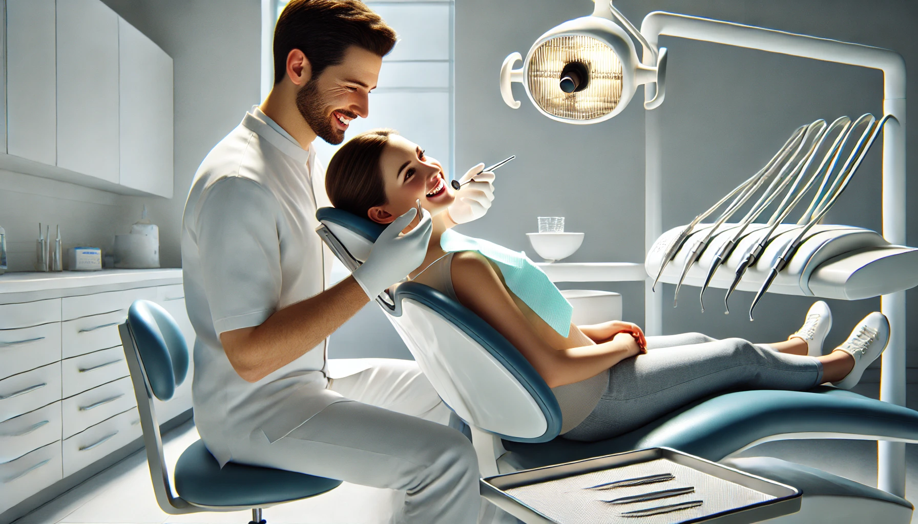 realistic image of a dentist performing a routine cleaning on a smiling patient in a modern dental clinic